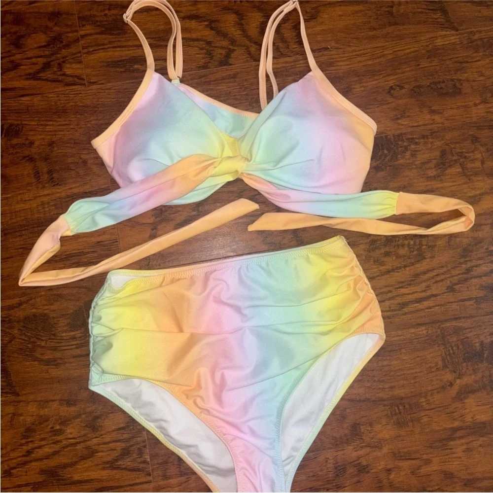 Amazon NEW High-Waisted Rainbow Tie-Dye Bikini Set Criss-Cross Cutout Design